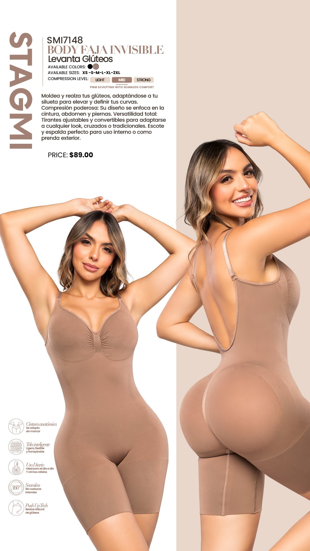 - Body SMI7148 lifting integral invisible
- Vista trasera body moldeador lifting
- Body escote profundo tirantes removibles